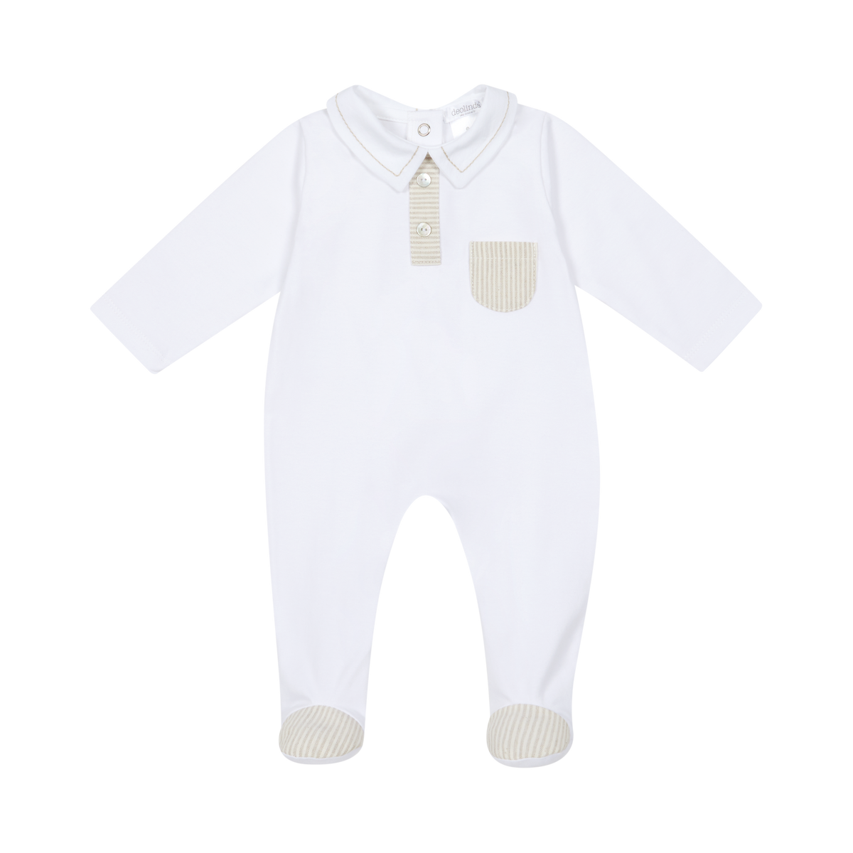 White & Beige Trimmed Baby Sleepsuit