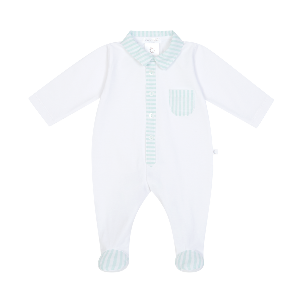 White & Aqua Stripe Trim Sleepsuit
