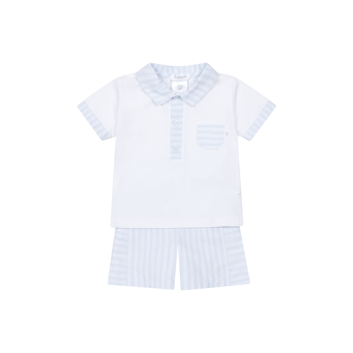 White Polo & Blue Stripe Shorts Set