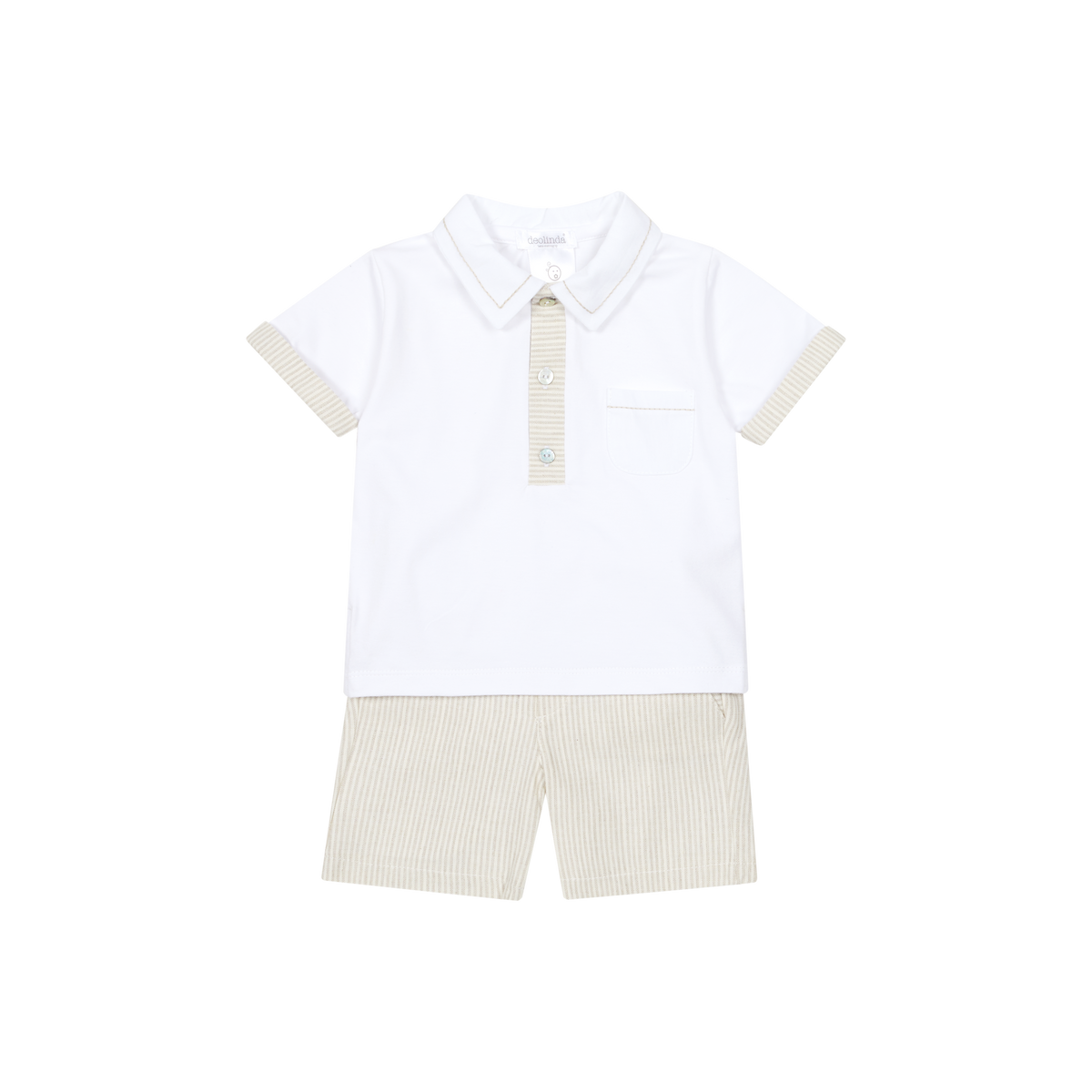 White Polo & Beige Stripe Shorts Set