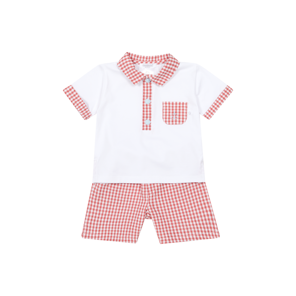 White Polo & Red Gingham Shorts Set
