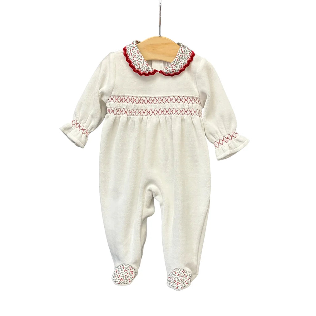 White velour romper with red trim