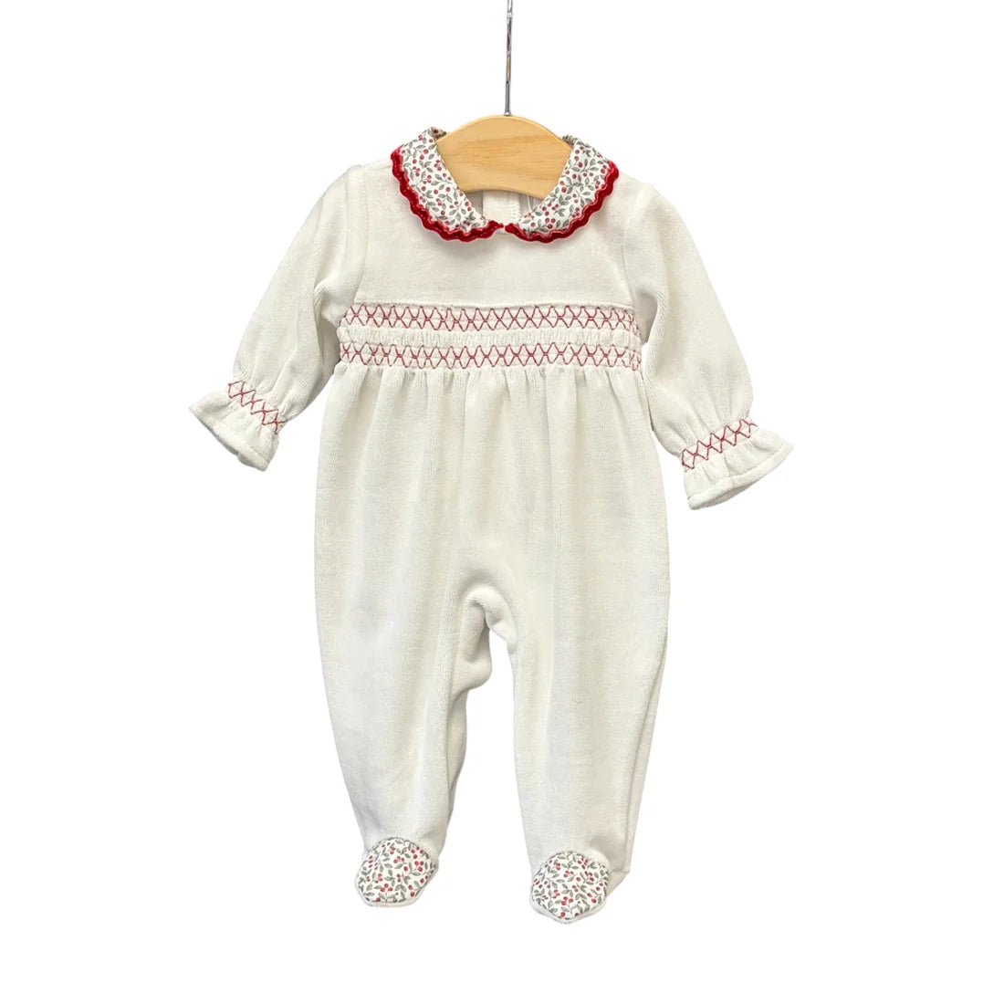 White velour romper with red trim