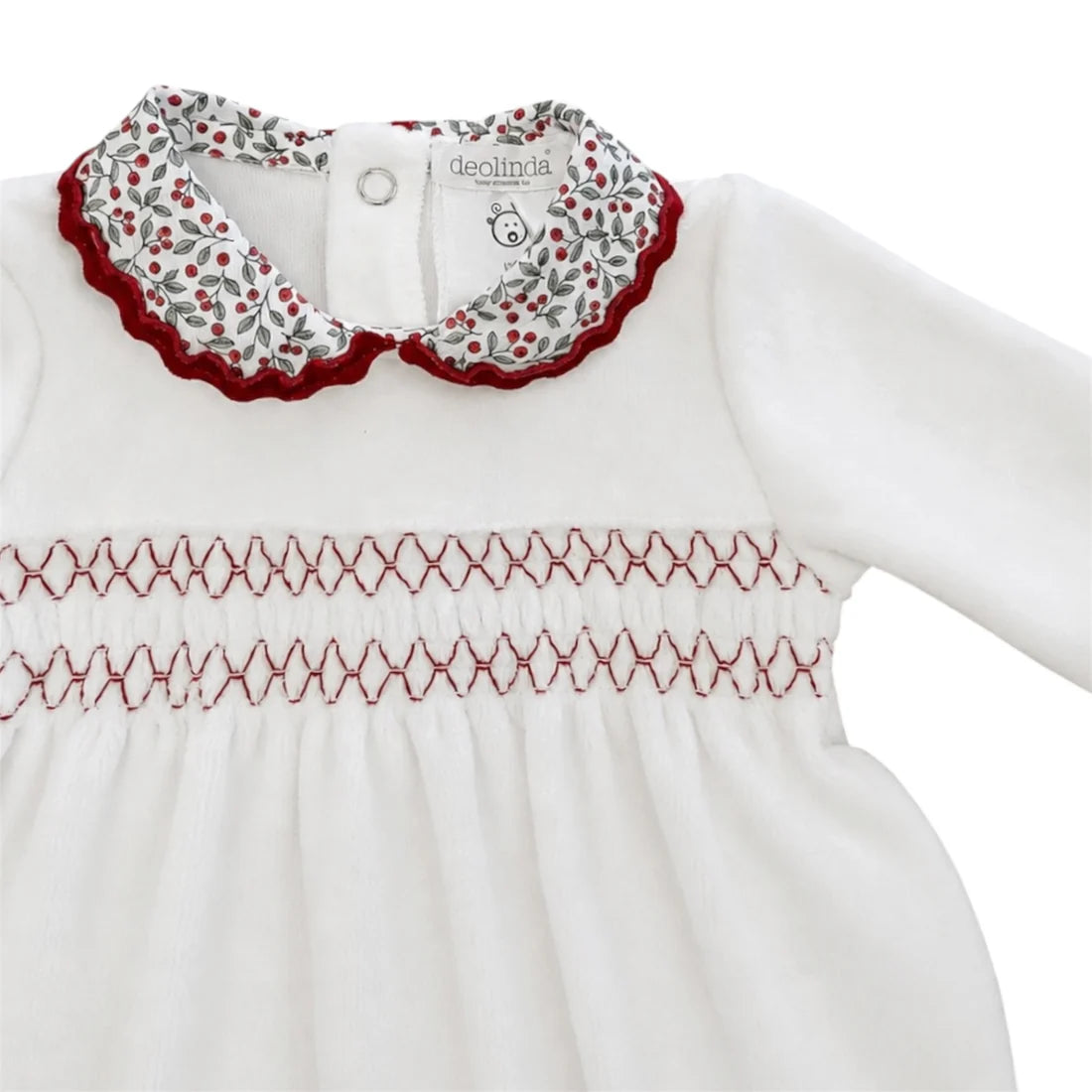 White velour romper with red trim