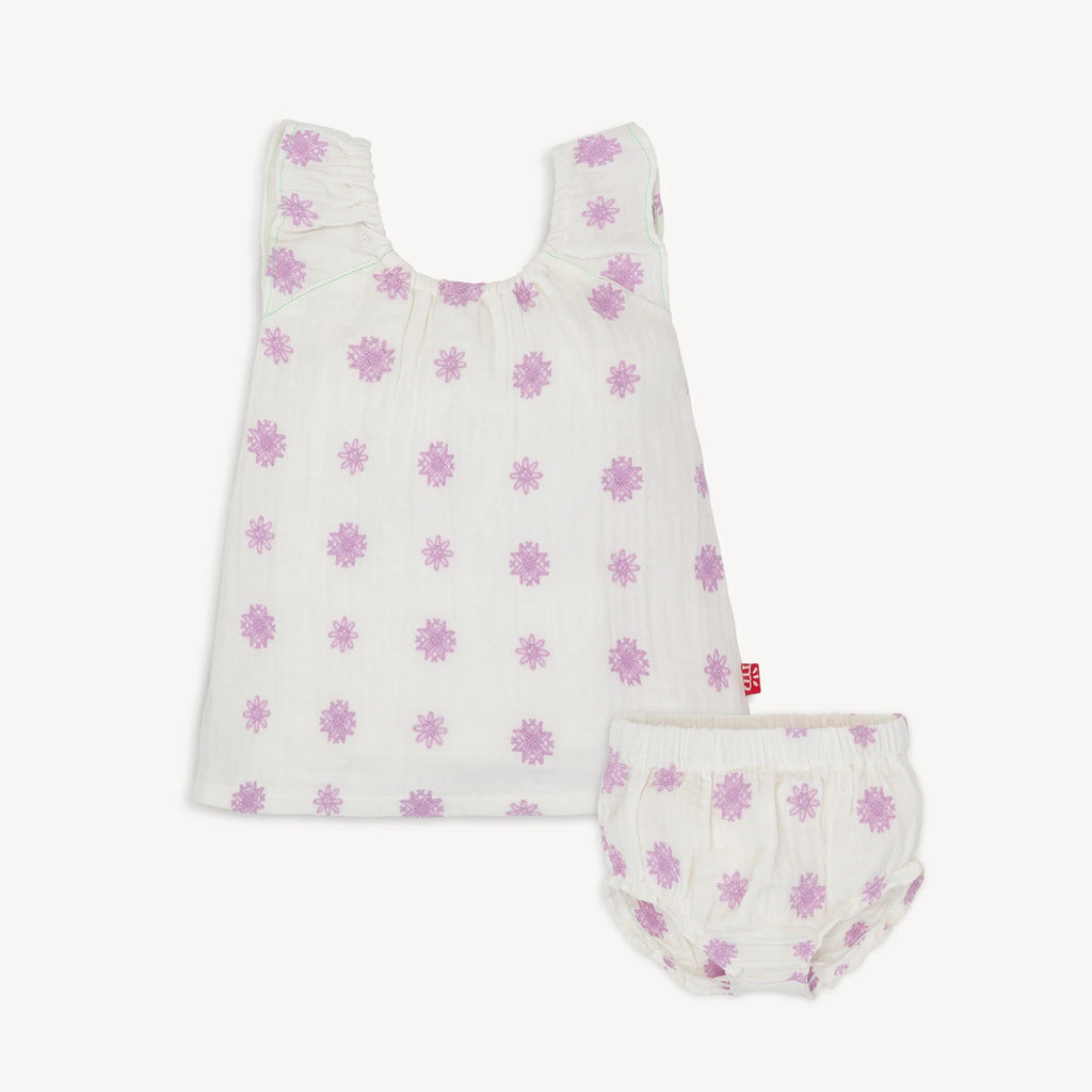 Lilac embroidery cotton gauze magnetic little baby short sleeve dress + diaper cover set
