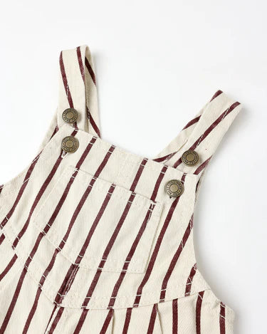 Vintage Overall + Ruffled Collared Body|| Burgundy Stripe