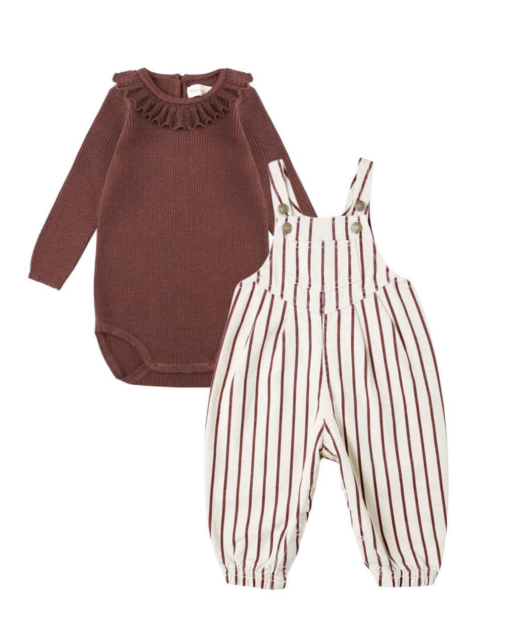Vintage Overall + Ruffled Collared Body|| Burgundy Stripe