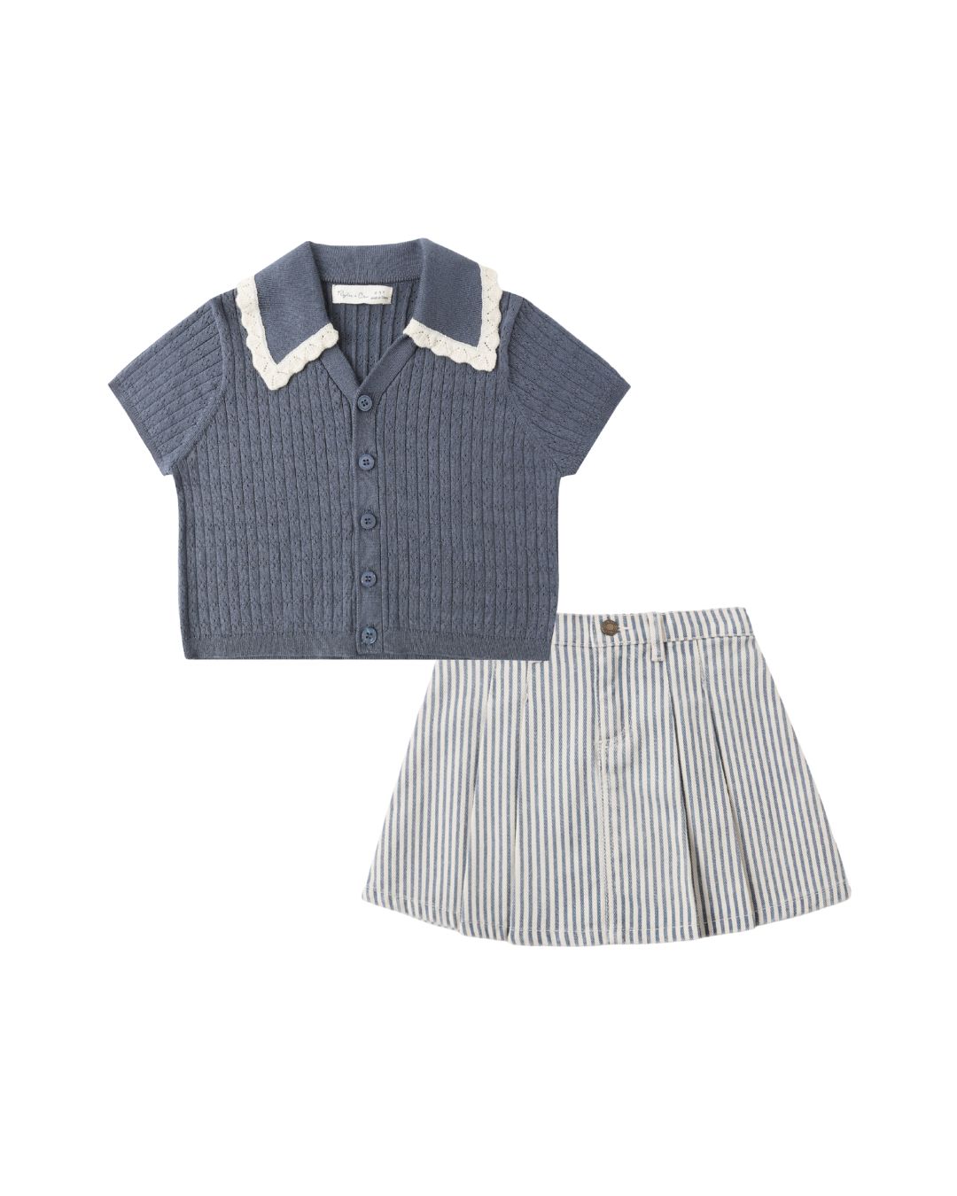 SLOANE KNIT TOP || MARINE || PLEATED DENIM SKIRT
